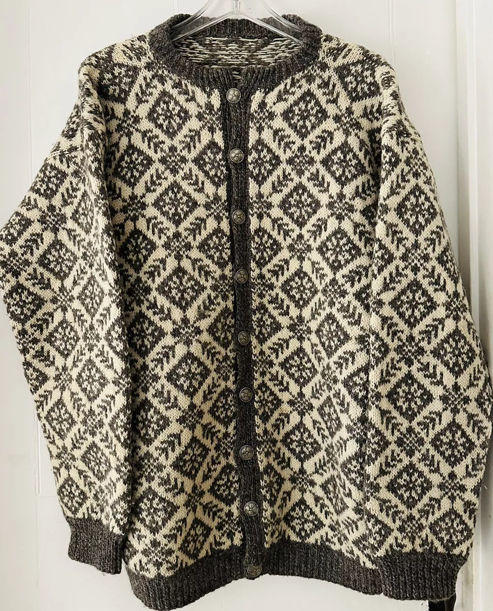 Vintage Scandinavian Hand Knit GRAY Nordic Cardigan Sweater Pewter Buttons M L