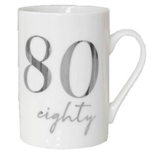 White Bone China Mug with Silver Foil Number - 80th Eighty Birthday