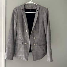 White House Black Market Women's Black White Plaid Silver Button Blazer Size 6