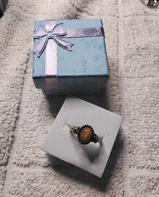 Caramel Tiger's Eye Ring. Set In Tarnish-Residtant Rhodium Plating  Size 6.25