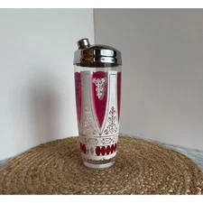Vintage mid-century Carmine glass cocktail shaker with chrome lid, 10 in.