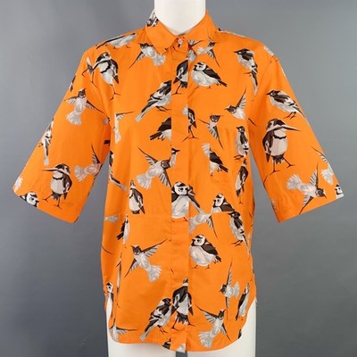 MSGM Size M Orange Black White Cotton Birds One Pocket Short Sleeve Shirt