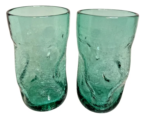 Set of 2 - Blenko Crackle Dimpled Pinched Glass Tall Tumblers, Sea Green Aqua