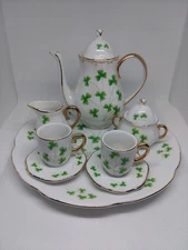 10 Piece Porcelain Miniature Tea Set Shamrock Pattern Gold Trim