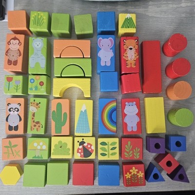 48 pc Colorful Shape Animal & Plant Wooden Blocks Toy Lot Spark Create Imagine