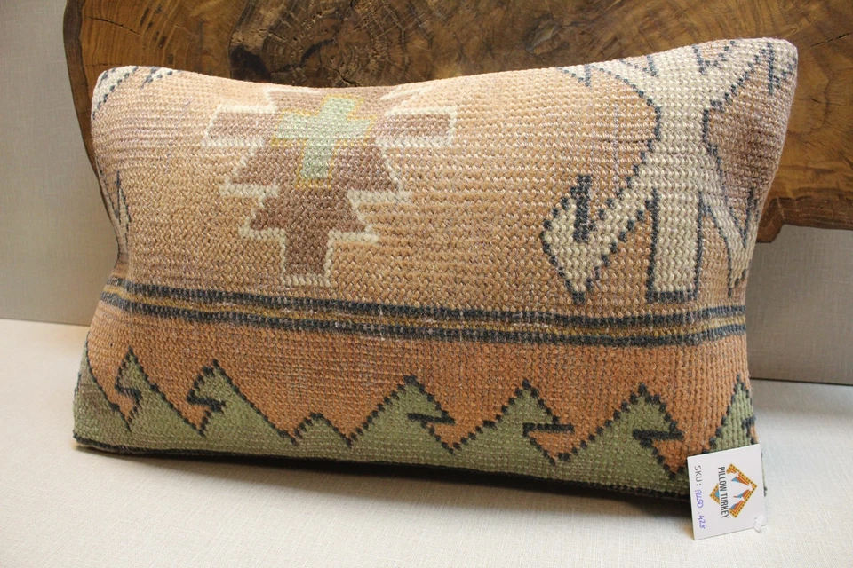 Vintage Turkish Kilim Pillow Cover 16x24 Handmade Brown Green Tribal Cushion - Image 3 of 4