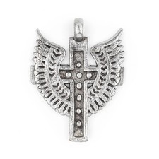 Angel Wings Ethiopian Silver Cross Pendant 80x60mm African White Metal Handmade