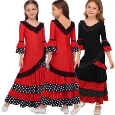 Girls Flamenco Costume Dress Lace Trim Ballroom Dancewear Spanish Dancer Skirt