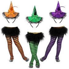 3 Pack Halloween Girls Witch Sequins Hats Headbands and 3 Pair Childrens Stri...