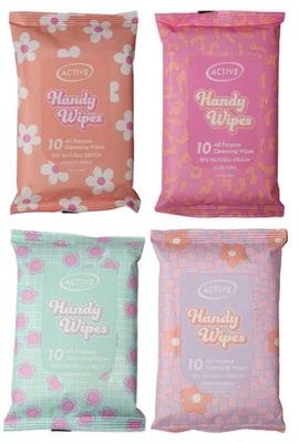 4 Pack ACTIVE FRAGRANCED HANDY WIPES 10's FOR HAND BODY FACE TRAVEL POCKET SIZE