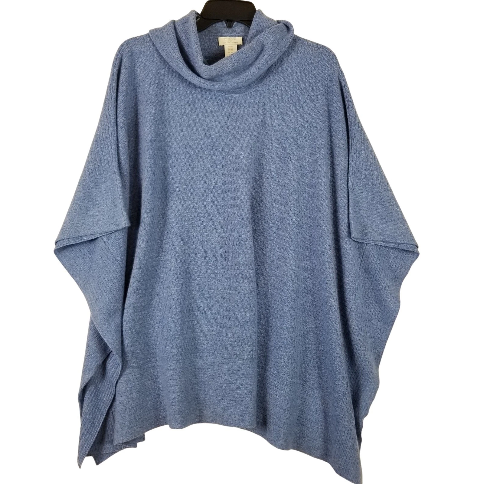 St Tropez West Cashmere Poncho Sweater Blue Cowl Neck Basketweave Knit M/L