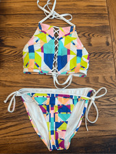 Victoria's Secret Multicolor Geometric High Neck Crisscross Bikini Top Medium