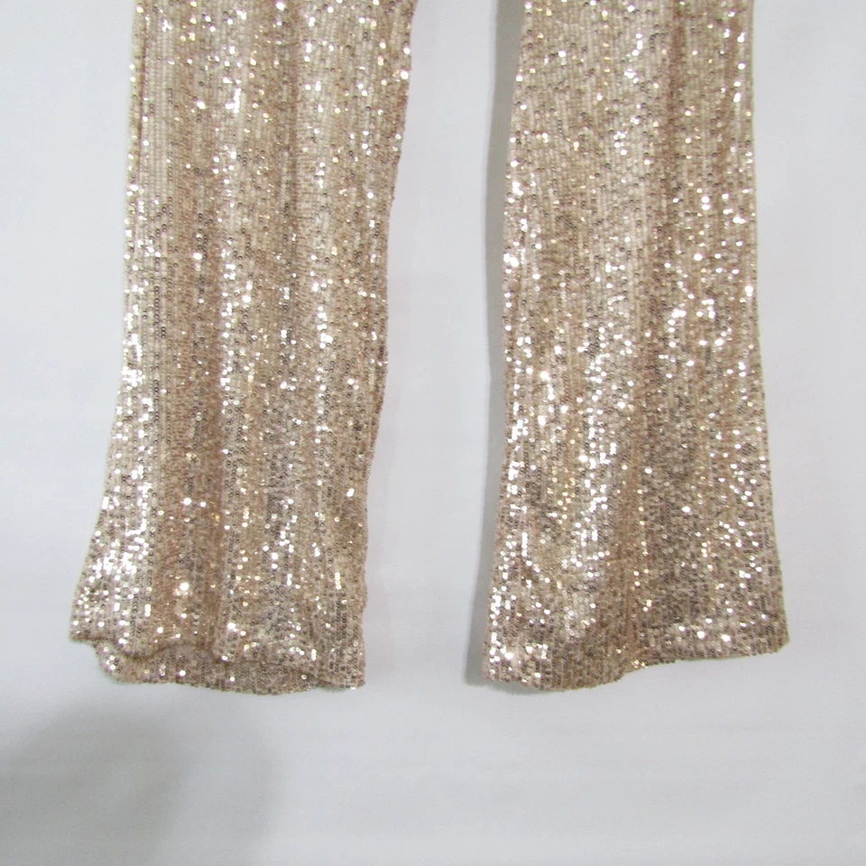 Pantalones de lentejuelas doradas azul marino antiguo para mujer talla grande 2X extra alto acampanados elásticos NUEVO Foto 3 de 4