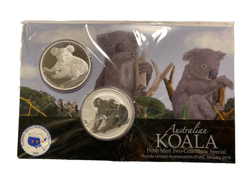 2010 Fun Show Special Card with 2009 and 2010 1 oz silver Koalas