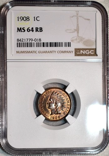 NGC MS-64 RB 1908 Indian Head Cent, Richly Hued, Red-Brown specimen.