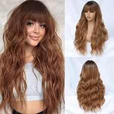 Ombre Brown Wig with Bangs for Women 26 Inch Long Wavy Synthetic Wigs for Dai...