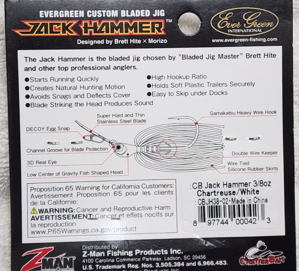 NEW Z-man Evergreen Jack Hammer Chartreuse White Chatterbait 3/8 oz bladed jig - Image 3