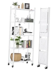  5-Shelf Folding Bookcase with Wheels, Rolling Bookshelf Compact 5 tier White