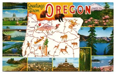 VTG Greetings from Oregon, Multi-Scene, Map Insert Postcard