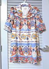 blue print ruffle neck puff slev dress L