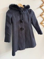 Rothschild Overcoat In Blue Faux Fur Hood Snap Button Front Girls Sz 6X Pockets