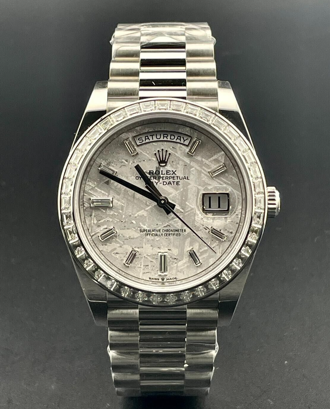 ROLEX DAY DATE 40 PLATINUM WATCH BAGUETTE DIAMOND BEZEL METEORITE 
