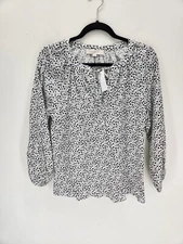 Loft Long Sleeve Floral Blouse Womens Small Black and White Lightweight Keyhole