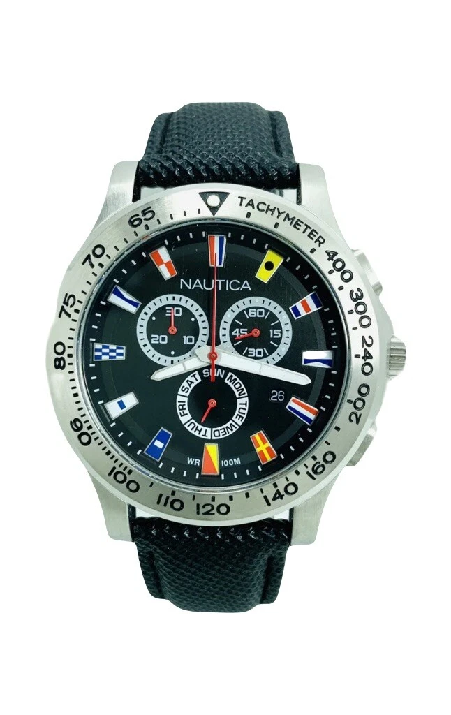 Reloj Nautica NST 600 esfera negra multifunci n cron grafo banderas a19595G