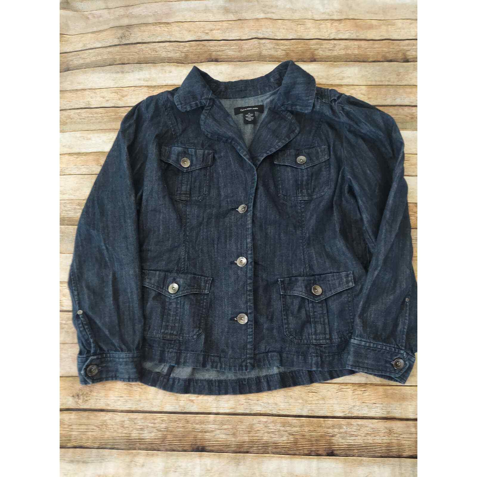 Calvin Klein Women Denim Military Style Jacket Sz 2X Gem
