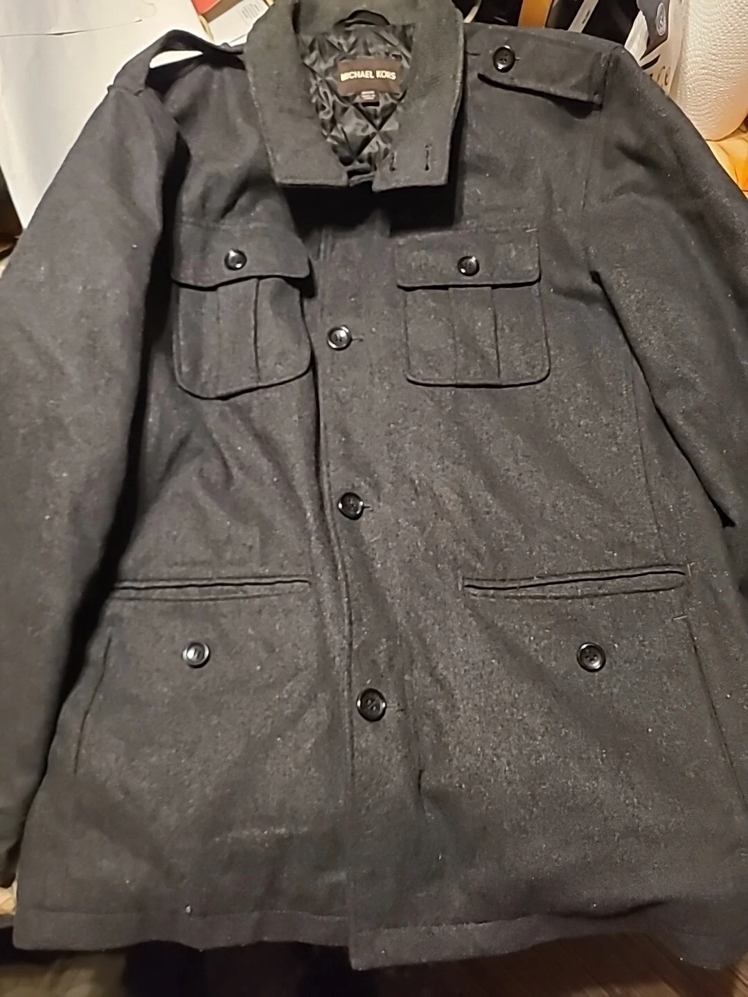 Michael Kors Cappotto Uomo Pavone Misto Lana Antracite Bottoni Utility (M)