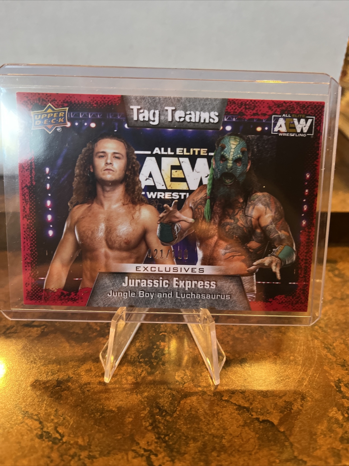 2022 UPPER DECK AEW RED PYRO JURASSIC EXPRESS JUNGLE BOY AND LUCHASAURUS 021/100