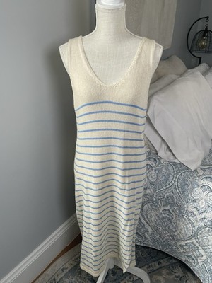 Floris Italy Knit Midi Dress M/L Cream Blue Stripe Coastal