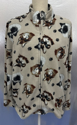 Bonnie Evans Fleece Jacket Womens Sz L Tan Kitty Cats Paws Full Zip