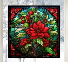 Poinsettia Christmas/Winter Faux Stained Glass WINDOW CLING Size 8" Square Vinyl