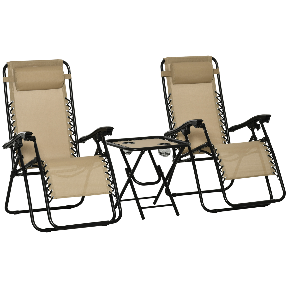 Outsunny 3pc Zero Gravity Chair and Table Set - Beige Cream - Steel Frame, Mesh Fabric - Foldable Design with Cup Holders - Image 2