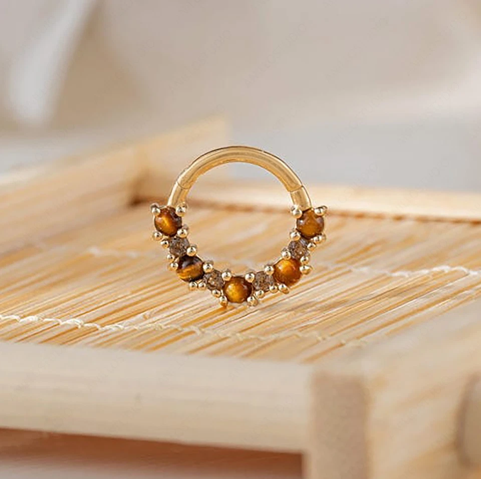 14k Yellow Gold Tiger Eye & Smoky Quartz Helix, Conch, Septum Clicker Nose Ring - Image 3 of 4