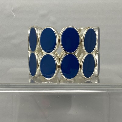 Chunky Stretch Bracelet Blue Oval Links Double Strand Wide Elastic Silver Tone 6