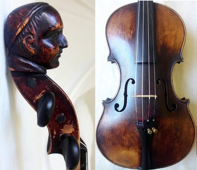 FINE OLD VIOLIN HUMAN HEAD SCROLL - VIDEO - ANTIQUE RARE バイオリン скрипка 小提琴 589