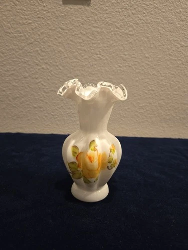 Vintage Fenton Milk Glass Ruffled Crest Vase 6 Inches Handpainted