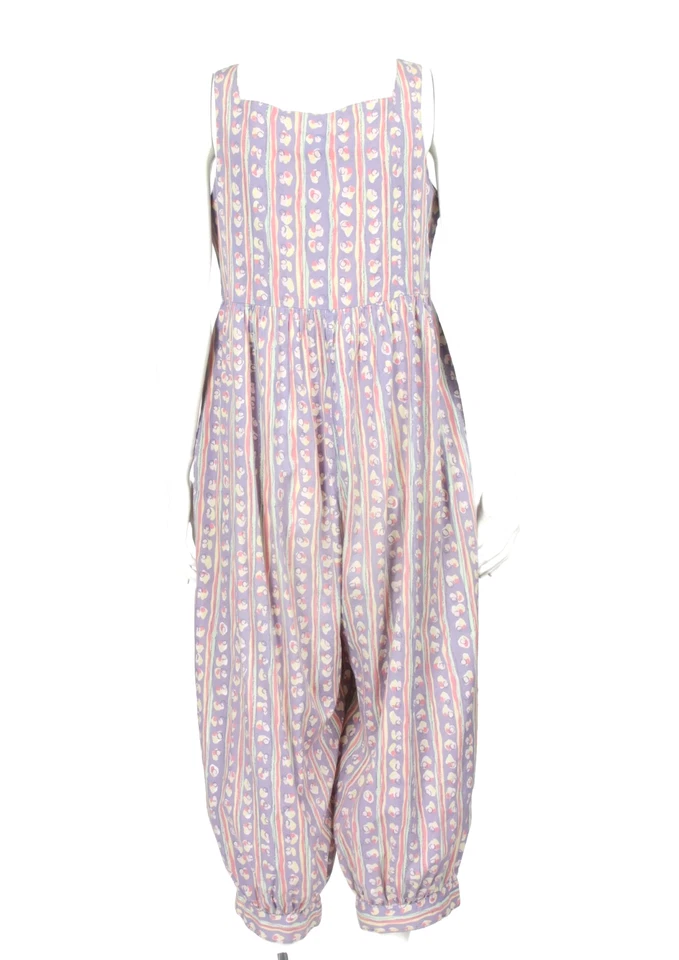 Vitnage 80 年代 LAURA ASHLEY 紫色抽象花卉纽扣前连身裤 尺寸 M /942 — 第 3/4 张图片