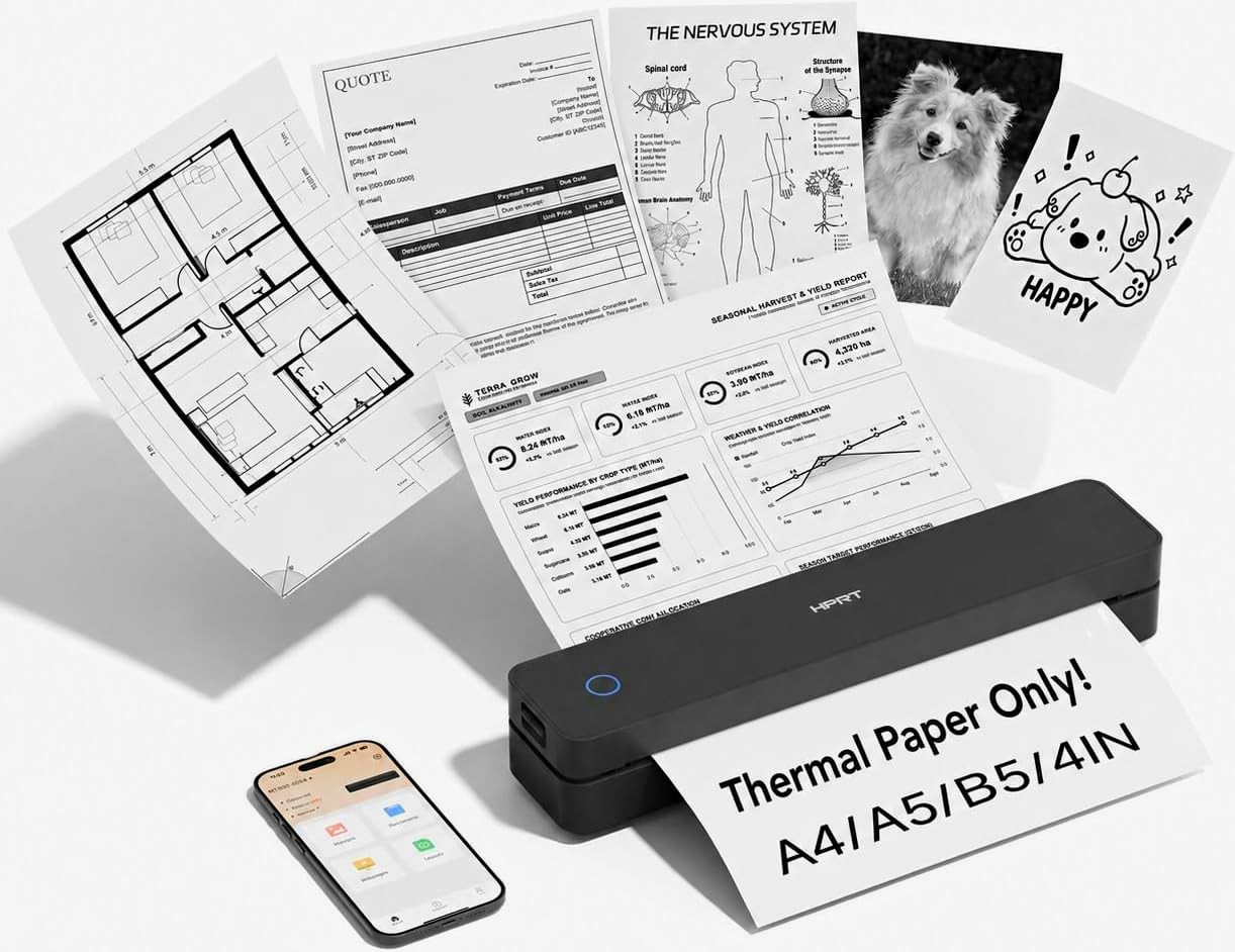 HPRT MT610 Portable Thermal Mobile Printer Bluetooth USB B&W 300dpi A4/A5/B5