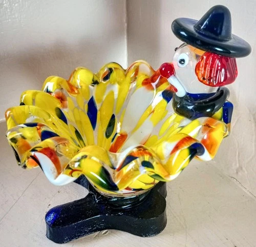 Vintage Murano Glass Clown, Hand Blown Standing Dish, Trinket Tray, Ashtray