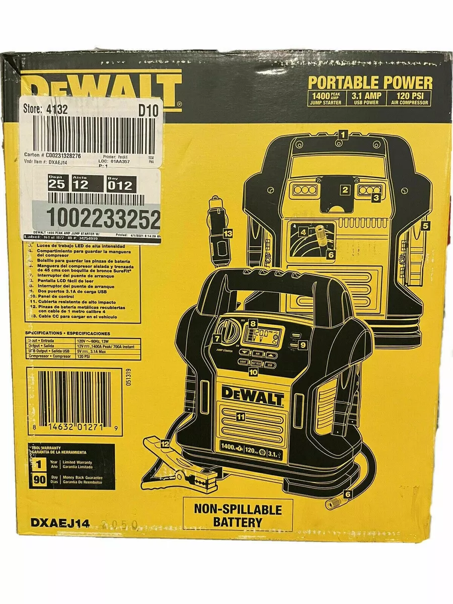 DEWALT DXAEJ14 Jump Starter 1400 Peak 700 Instant Amps 120 PSI 3.1