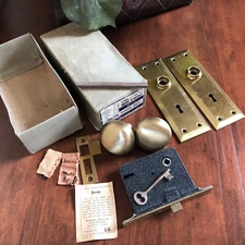 ANTIQUE RUSSWIN Brass Mortise Door Hardware Set W/Key Original NOS NIB 1950’s