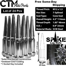24pc 4.5 Tall Chrome M12x1.5 Spline Spike Lug Nutkey Fit Chevy Gmc Fordmore