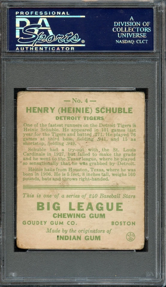 BB - 1933 Goudey - #4 - Heinie Schuble - PSA 3 - VG - Image 2 of 2