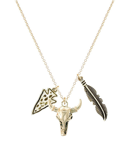 Alternate view of Long Horn Bull Feather Arrow Pendant Western Inspired Necklace Gold Plated