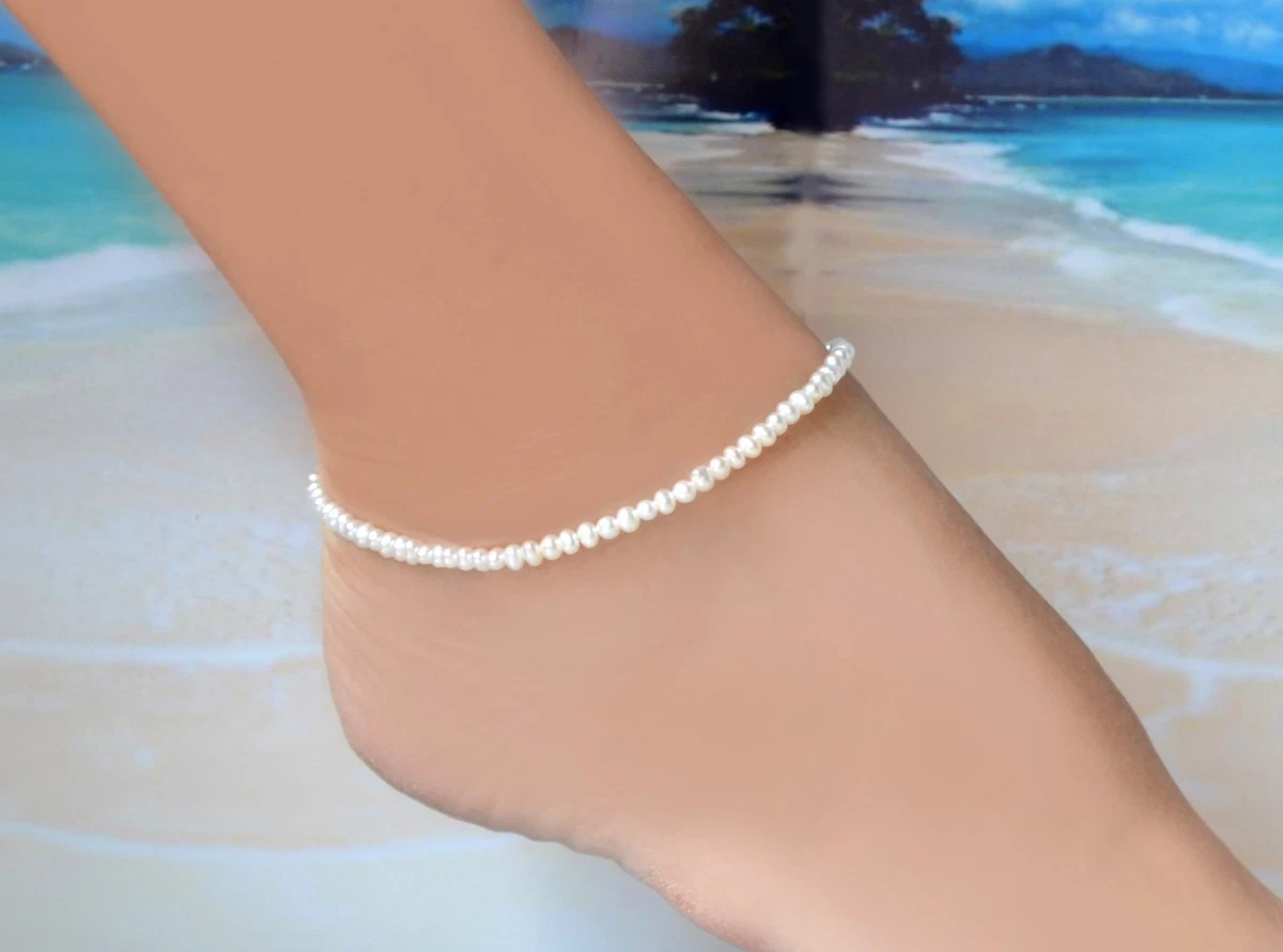 Cultured Freshwater White Pearl Italian .925 Silver Anklet 8 to 10 inches