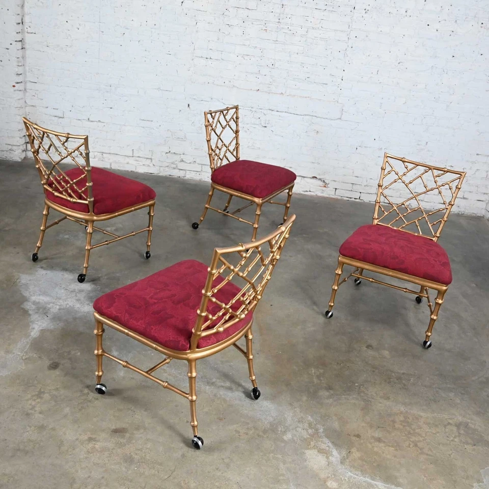 Chinoiserie Faux Bamboo Gold Painted Metal Chairs Rolling Style Phyllis Morris - Image 3 of 4