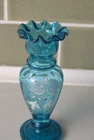 Vtg Fenton Art Glass Ruffled Top Blue Vase Hand Painted Floral flower 5 " tall